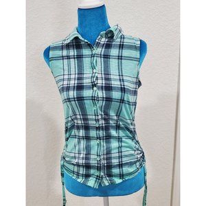 Plaid Mint Green Sleveless Scrunch Up Sides Blouse Shirt Size XS